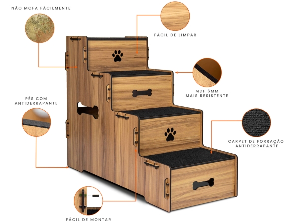 Escada Pet Mdf Com 4 Degraus 70cm Altura cor Madeira - Image 6